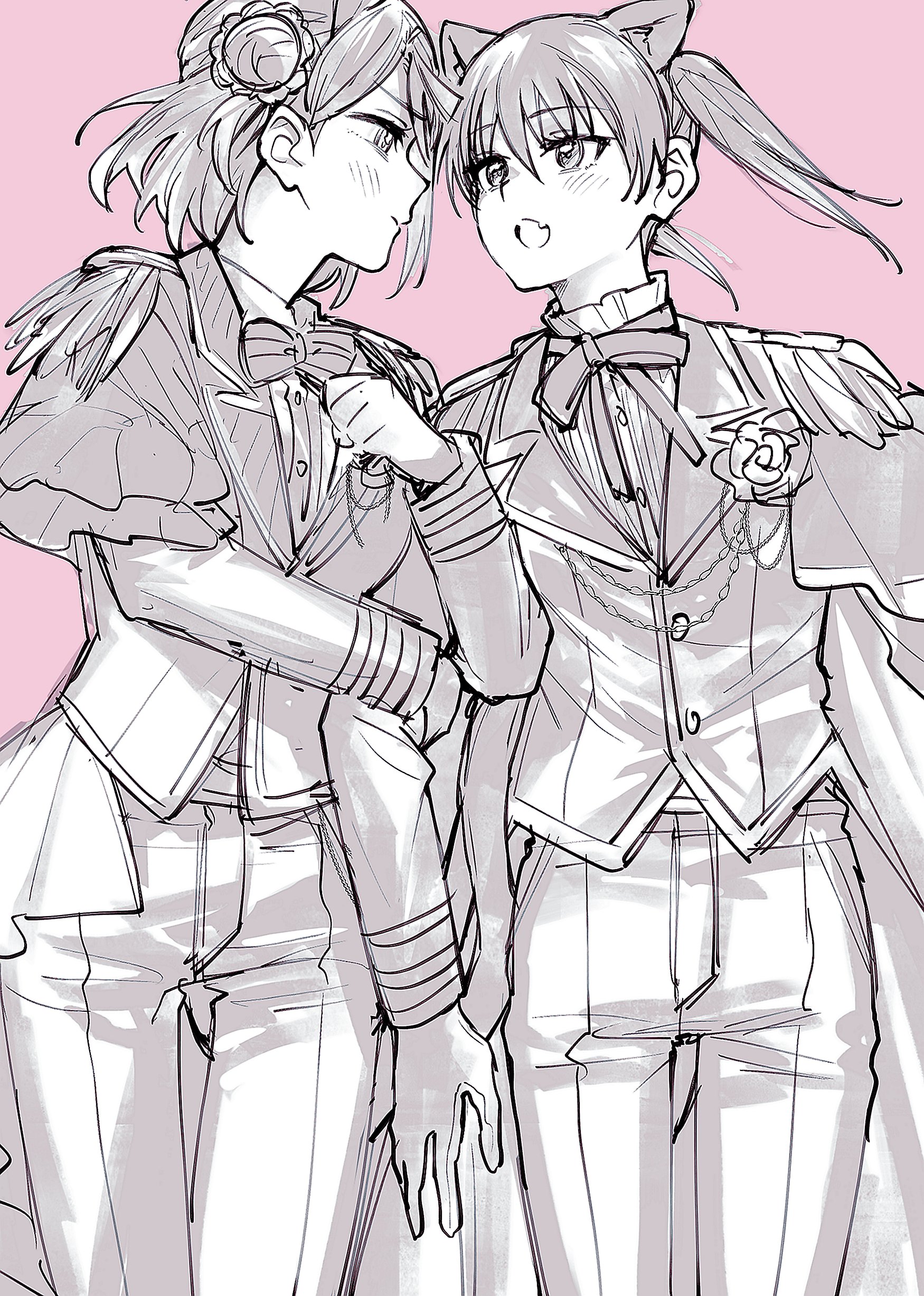 urii (uri), takasaki yu, uehara ayumu, love live!, love live! nijigasaki high school idol club, absurdres, commentary, highres, photoshop (medium), 2girls, :o, animal ears, arm hug, blush, boutonniere, bow, bowtie, bun with braided base, cat ears, dress pants, epaulettes, eye contact, fang, gentle nyangasaki, greyscale with colored background, hair bun, jacket, long sleeves, looking at another, multiple girls, neck ribbon, official alternate costume, pants, pink background, ribbon, single side bun, skin fang, twintails, yuri