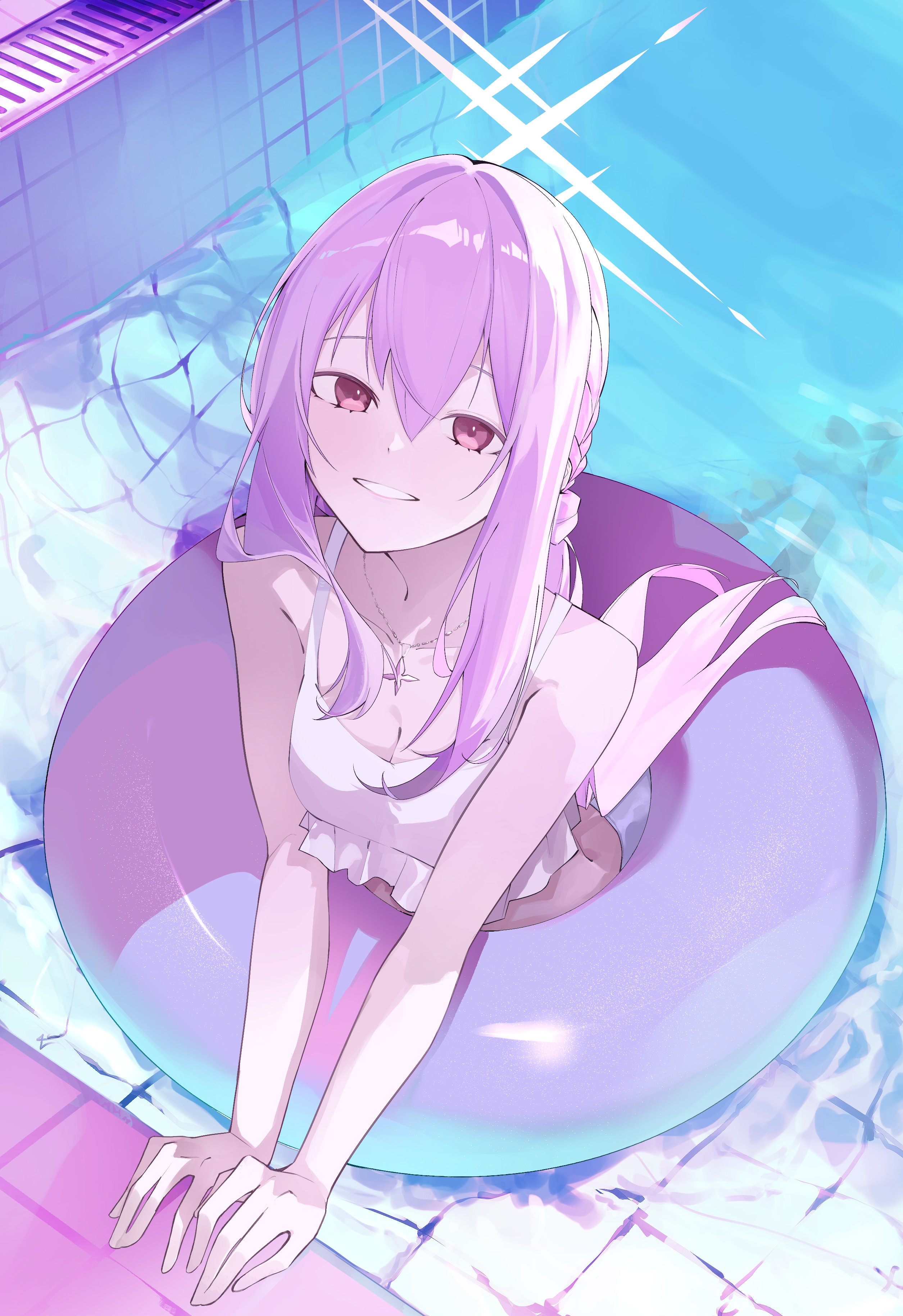 devid (devis515333), atsuko (blue archive), atsuko (swimsuit) (blue archive), blue archive, absurdres, highres, 1girl, bikini, braid, frilled bikini, frills, grin, halo, innertube, jewelry, long hair, necklace, pool, ripples, smile, solo, swim ring, swimsuit, water