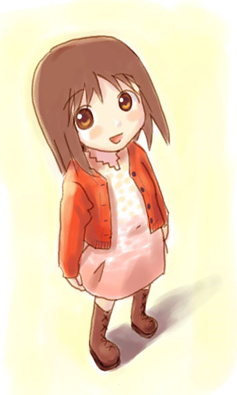 tokai knight, kasuga ayumu, azumanga daiou, boots, brown eyes, brown hair, dress, jacket, simple background, solo