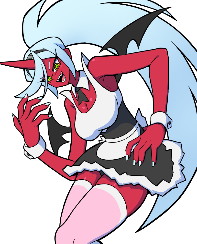 wade99, kneesocks (psg), panty & stocking with garterbelt, 1girl, bat wings, blue hair, breasts, colored skin, demon girl, demon horns, fangs, green eyes, horns, long hair, maid, ponytail, red skin, solo, wings