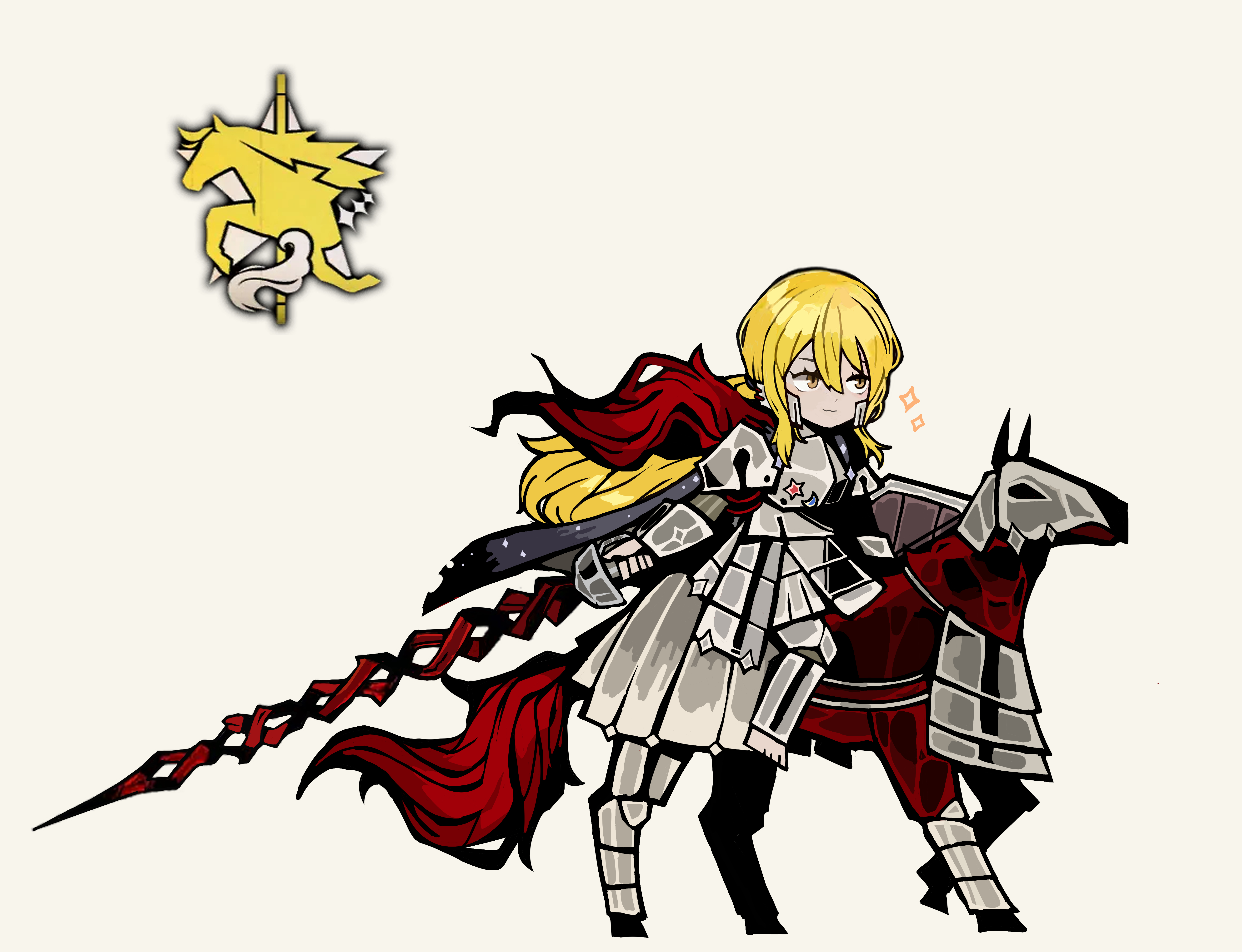 teko1193, don quixote (project moon), limbus company, project moon, absurdres, highres, armor, barding, blonde hair, cape, e.g.o (project moon), holding, holding polearm, holding weapon, horse, horseback riding, knight, lance, long hair, polearm, ponytail, red horse, riding, sparkle, weapon, white background, yellow eyes