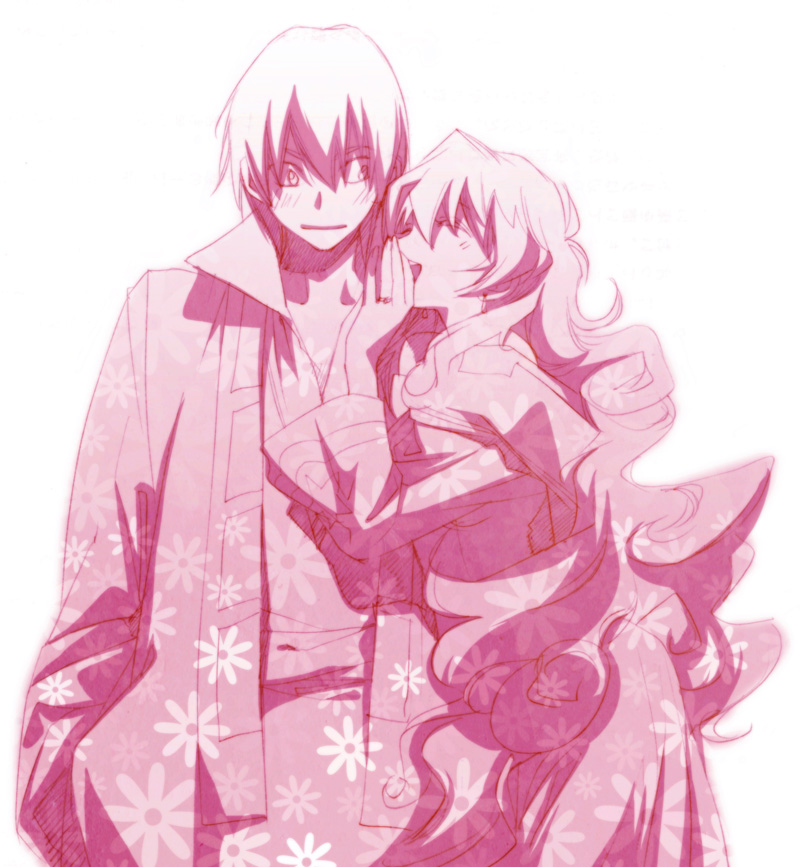 massun, masuda megumi, nia teppelin, simon (ttgl), tengen toppa gurren lagann, 00s, 1boy, 1girl, couple, hetero, japanese clothes, kimono, monochrome, pink theme, yukata