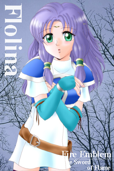 hissaa (starlight express), florina (fire emblem), fire emblem, fire emblem: the blazing blade, nintendo, pegasus knight uniform (fire emblem), 1girl, aqua eyes, armor, belt, blue armor, character name, circlet, copyright name, dress, elbow gloves, female focus, fingerless gloves, gloves, green eyes, long hair, nail polish, open mouth, purple hair, skirt, solo, thighhighs, tree, turtleneck, turtleneck dress