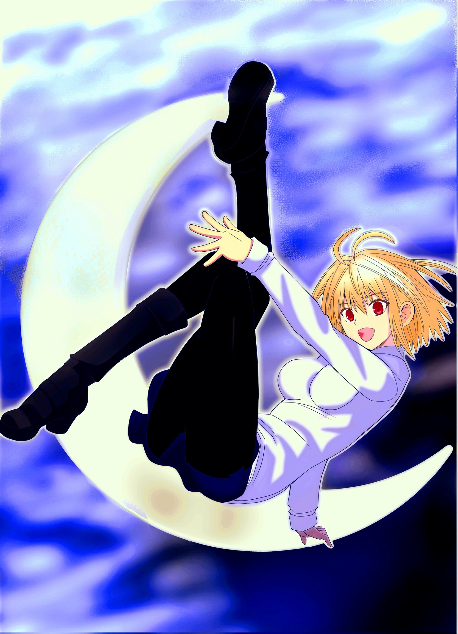 masatoshi ikeda (uug28aiuopy2six), arcueid brunestud, tsukihime, tsukihime (remake), highres, 1girl, antenna hair, black pantyhose, blonde hair, boots, breasts, crescent moon, floating, floating hair, happy, leg lift, leg up, long sleeves, looking at viewer, moon, open mouth, pantyhose, red eyes, short hair, skirt, smile, solo, sweater, turtleneck, turtleneck sweater, white sweater