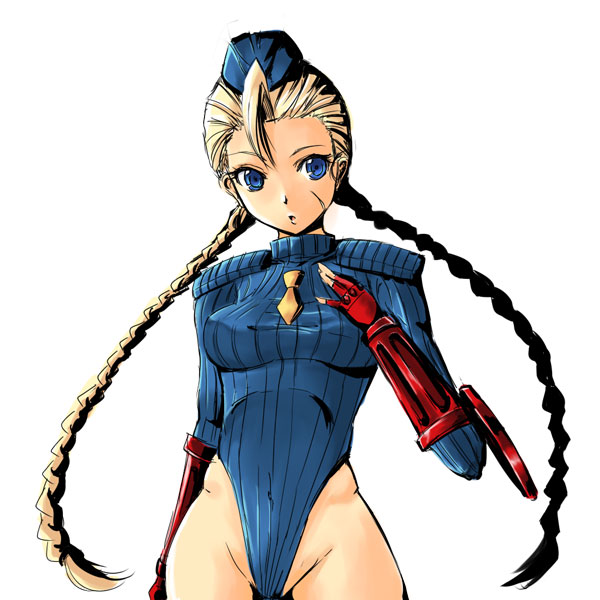 gin'ichi (akacia), ginichi, cammy white, capcom, street fighter, street fighter zero (series), 1990s (style), 1girl, blonde hair, blue eyes, blue leotard, braid, female focus, garrison cap, hat, leotard, retro artstyle, scar, sleeved leotard, solo, twin braids