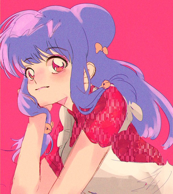 shampoo (ranma 1/2), ranma 1/2, absurdres, highres, 1girl, apron, bell, bowl, chinese clothes, double bun, hair bell, hair bun, hair ornament, long hair, looking at viewer, purple hair, sidelocks, solo