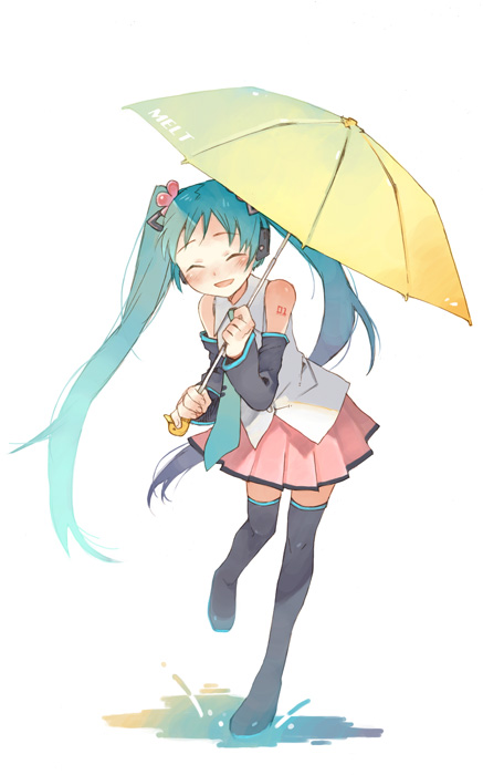 tobi (daidaikukan), hatsune miku, melt (vocaloid), vocaloid, 1girl, ^ ^, adapted costume, aqua necktie, arm tattoo, black boots, blouse, boots, closed eyes, collared shirt, detached sleeves, female focus, full body, holding, holding umbrella, leaning to the side, long hair, miniskirt, necktie, puddle, shirt, simple background, skirt, solo, standing, standing on one leg, tattoo, thighhighs, twintails, umbrella, very long hair, white background, white shirt, zettai ryouiki