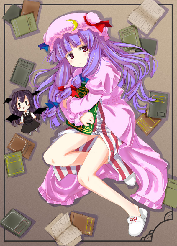 gotyou, koakuma, patchouli knowledge, embodiment of scarlet devil, touhou, 1girl, bat wings, blush stickers, book, character doll, crescent moon, doll, female focus, hair ribbon, hat, head wings, lying, moon, purple eyes, purple hair, ribbon, slippers, solo, wings