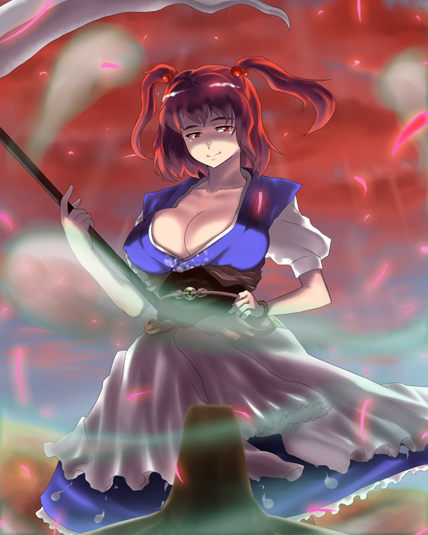tenpura (tenpura621), onozuka komachi, touhou, 1girl, breasts, cleavage, female focus, hair bobbles, hair ornament, hand on own hip, huge breasts, large breasts, looking at viewer, scythe, smile, solo