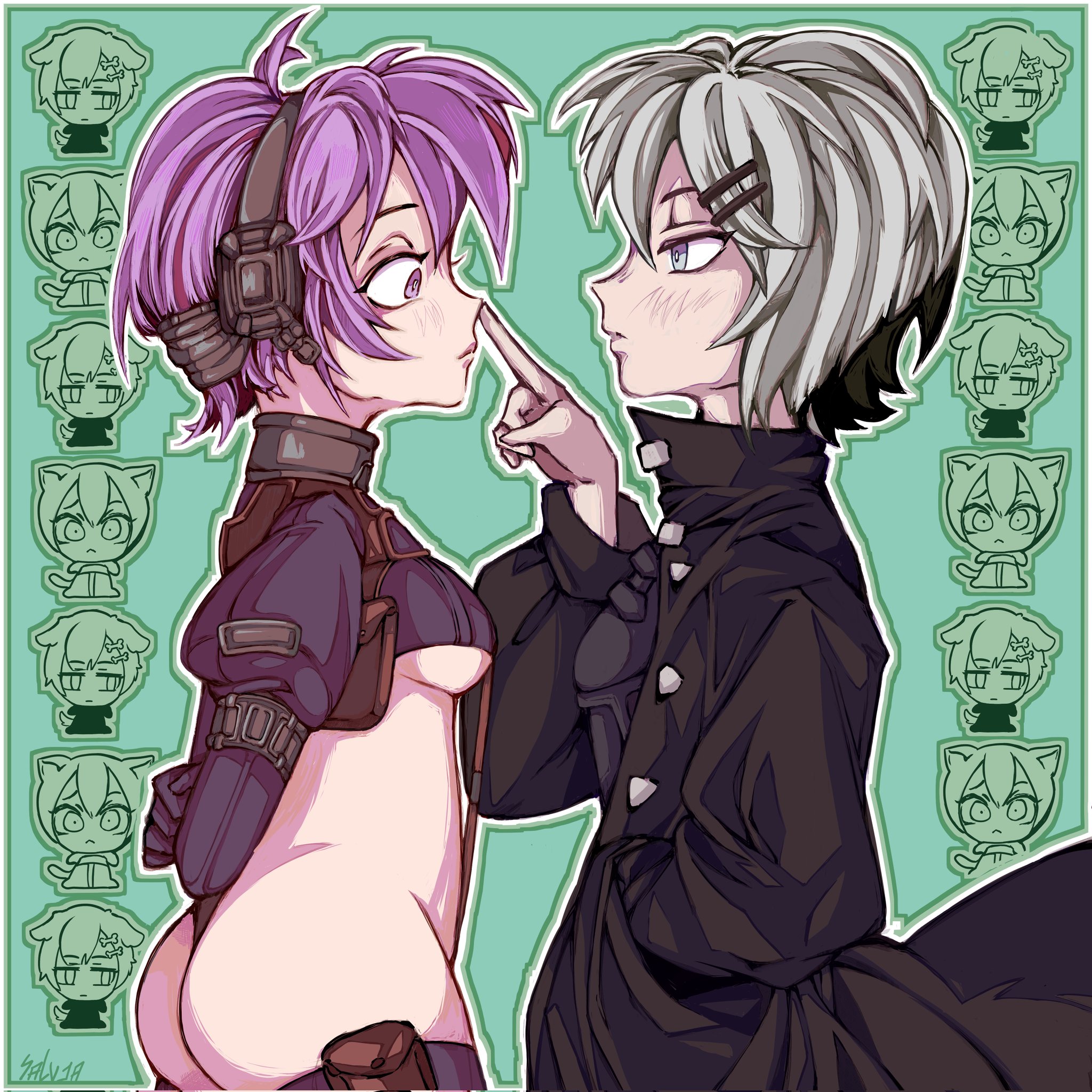 marie (peripeteia), martyr (the citadel), peripeteia, 2girls, ammunition pouch, ass, breasts, coat, collar, crossover, grey eyes, grey hair, headset, long sleeves, multiple girls, pouch, purple eyes, purple hair, revealing clothes, short hair, small breasts, touching face, trench coat, underboob