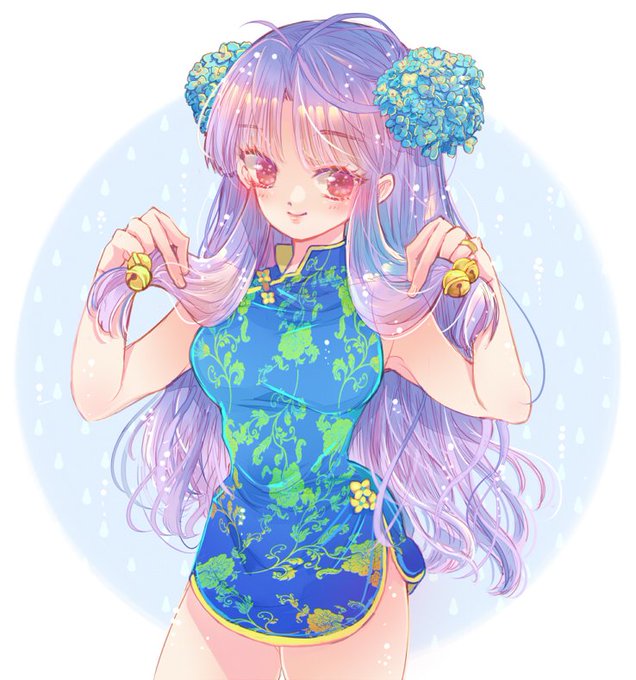 shampoo (ranma 1/2), ranma 1/2, 1girl, china dress, chinese clothes, double bun, dress, hair bun, long hair, looking at viewer, purple hair