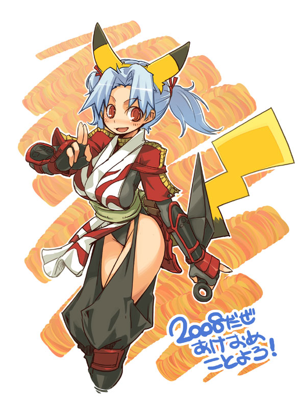 asterisk storage, super zombie, suupaa zonbi, pikachu, nintendo, pokemon, translation request, 00s, 1girl, 2008, animal ears, blue hair, costume, female focus, gen 1 pokemon, kuji-in, kunai, ninja, personification, pikachu tail, pokemon tail, ponytail, red eyes, solo, tail, twintails, weapon