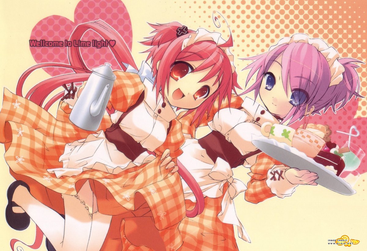 ito noizi, akizuki nagi, momose hikaru, peace@pieces, dress, maid, purple eyes, purple hair, red eyes, red hair, twintails