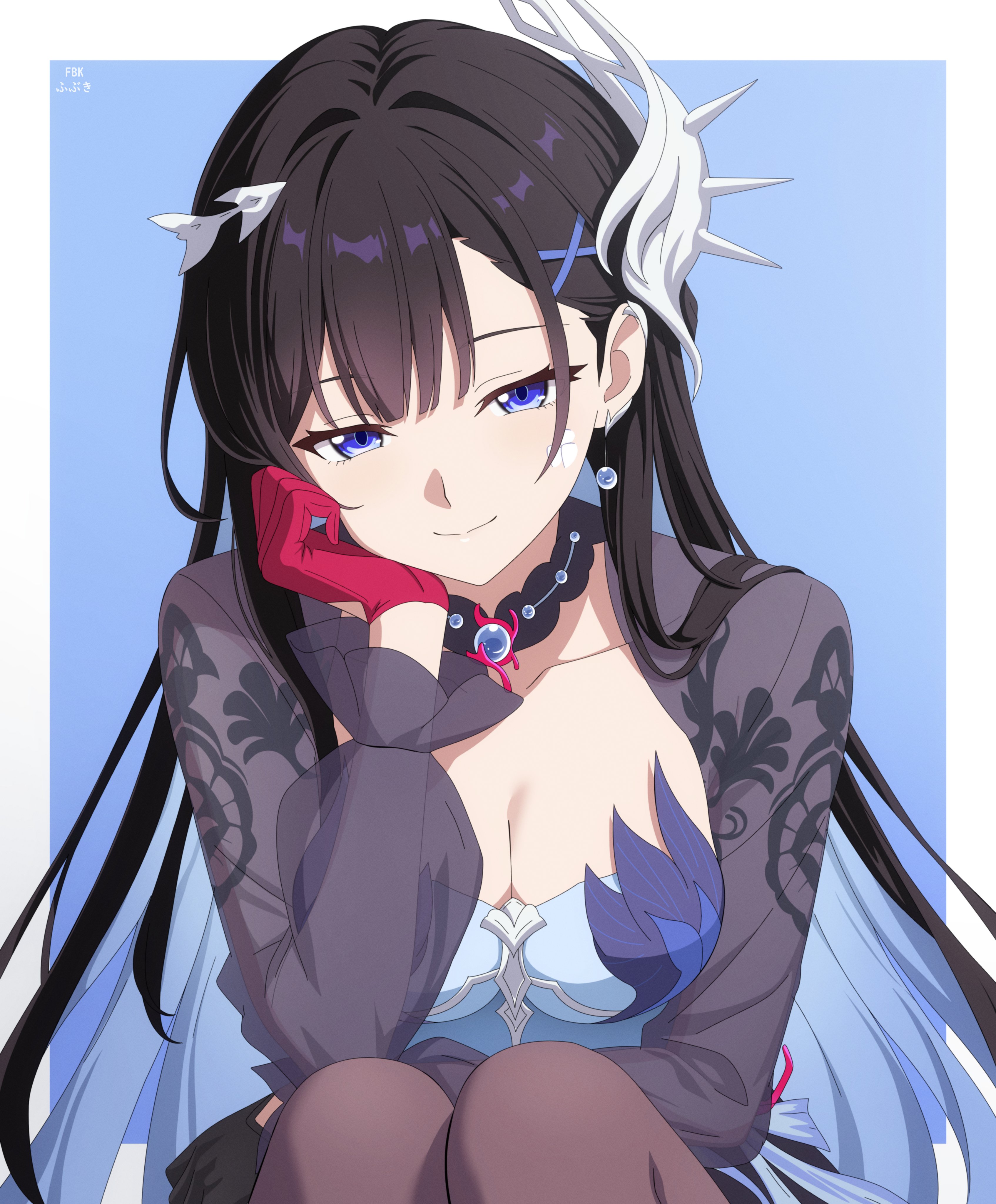 rikka (rikkaarts), hysilens (honkai: star rail), honkai: star rail, honkai (series), absurdres, hashtag-only commentary, highres, 1girl, asymmetrical gloves, black gloves, black hair, black thighhighs, blue background, blue dress, blue eyes, blue hair, border, breasts, cleavage, colored inner hair, dress, earrings, gloves, hair ornament, jewelry, large breasts, mismatched gloves, multicolored hair, red gloves, shrug (clothing), smile, solo, thighhighs, two-tone hair, white border