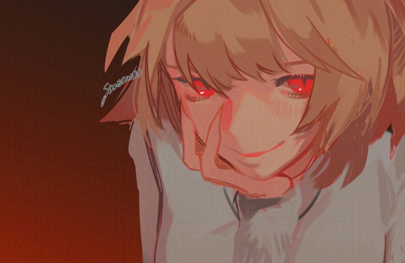 shonocondo, arcueid brunestud, tsukihime, tsukihime (remake), 1girl, blonde hair, blush, hair between eyes, hand on own face, jewelry, looking at viewer, necklace, profile, red background, red eyes, signature, smile, solo, sweater, turtleneck, turtleneck sweater, white sweater