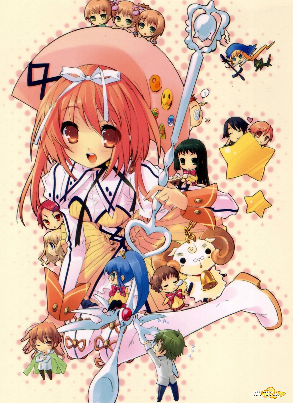 ito noizi, akihime seishirou, akihime sumomo, amamori yayoi, arthur matsuda, asamiya akino, asamiya natsuki, asamiya toua, fukamichi nobuko, kisaragi natsume, koiwai flora, matsuda (nanatsuiro drops), prima aspallas, sakuraba keisuke, yaeno nadeshiko, yuki-chan, yuuki nona, nanatsuiro drops, highres, 00s, 4boys, 6+girls, chibi, everyone, hat, multiple boys, multiple girls, red hair, smile