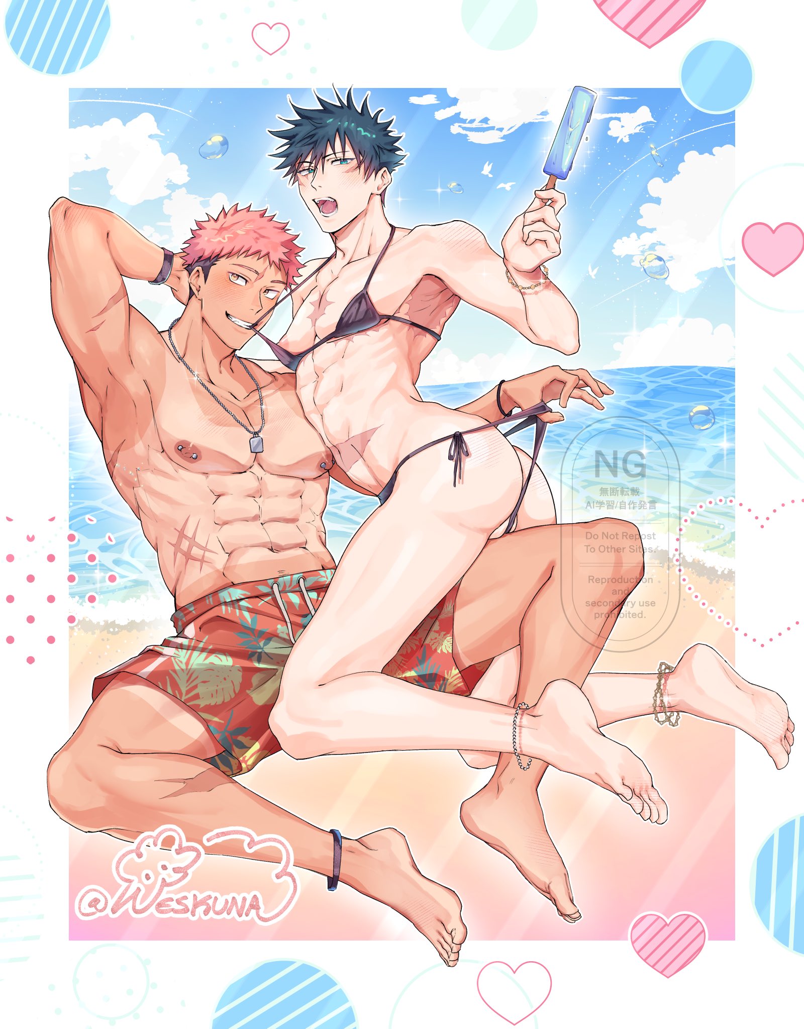 neskuna, fushiguro megumi, itadori yuuji, jujutsu kaisen, highres, 2boys, abs, adam's apple, alternate costume, anklet, arm behind head, armpits, arms up, ass, barefoot, beach, bikini, bikini bottom pull, bikini top pull, black bikini, black hair, border, bracelet, closed mouth, cloud, collarbone, crossdressing, crossdressing (mtf), fangs, feet, food, full body, green eyes, heart, holding, holding food, holding popsicle, jewelry, leg between thighs, light blush, looking at viewer, male focus, melting popsicle, mouth hold, multiple boys, multiple scars, navel, necklace, nipple bar, nipple piercing, nipples, ocean, open mouth, outside border, pearl anklet, pectorals, piercing, pink hair, plant print, popsicle, sand, scar, scar on arm, scar on chest, scar on face, scar on stomach, short hair, shorts, side-tie bikini bottom, sky, smile, soles, spiked hair, swimsuit, tan, tanline, teeth, teeth hold, thighs, toenails, toes, toned, toned male, tongue, topless male, twitter username, undercut, white border, yaoi, yellow eyes