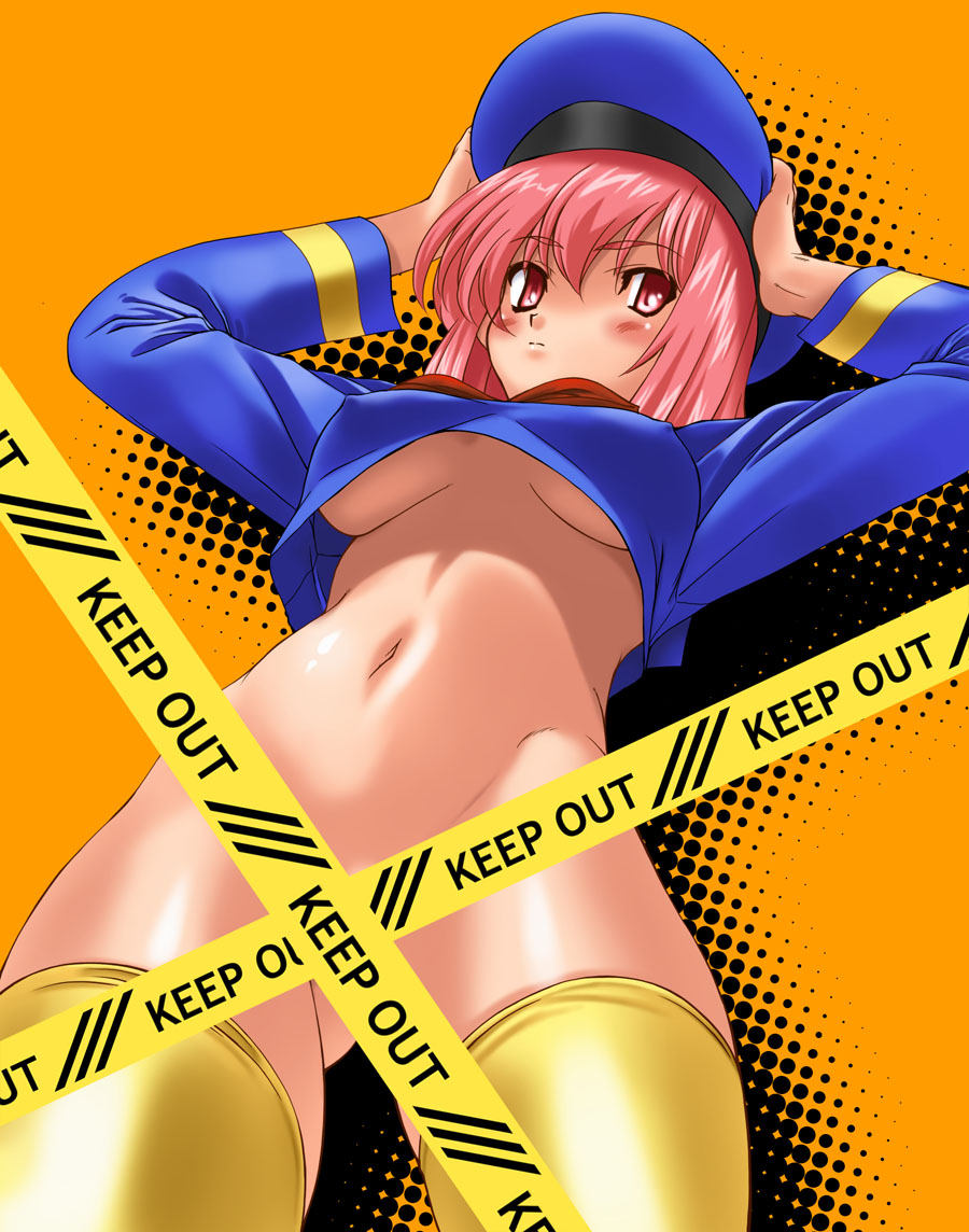 kamia (not found), kasuga aya, original, 1girl, blush, bottomless, breasts, caution tape, censored, convenient censoring, cosplay, female focus, hat, keep out, no bra, no panties, pink hair, police, police uniform, policewoman, red eyes, solo, thighhighs, underboob, yellow thighhighs