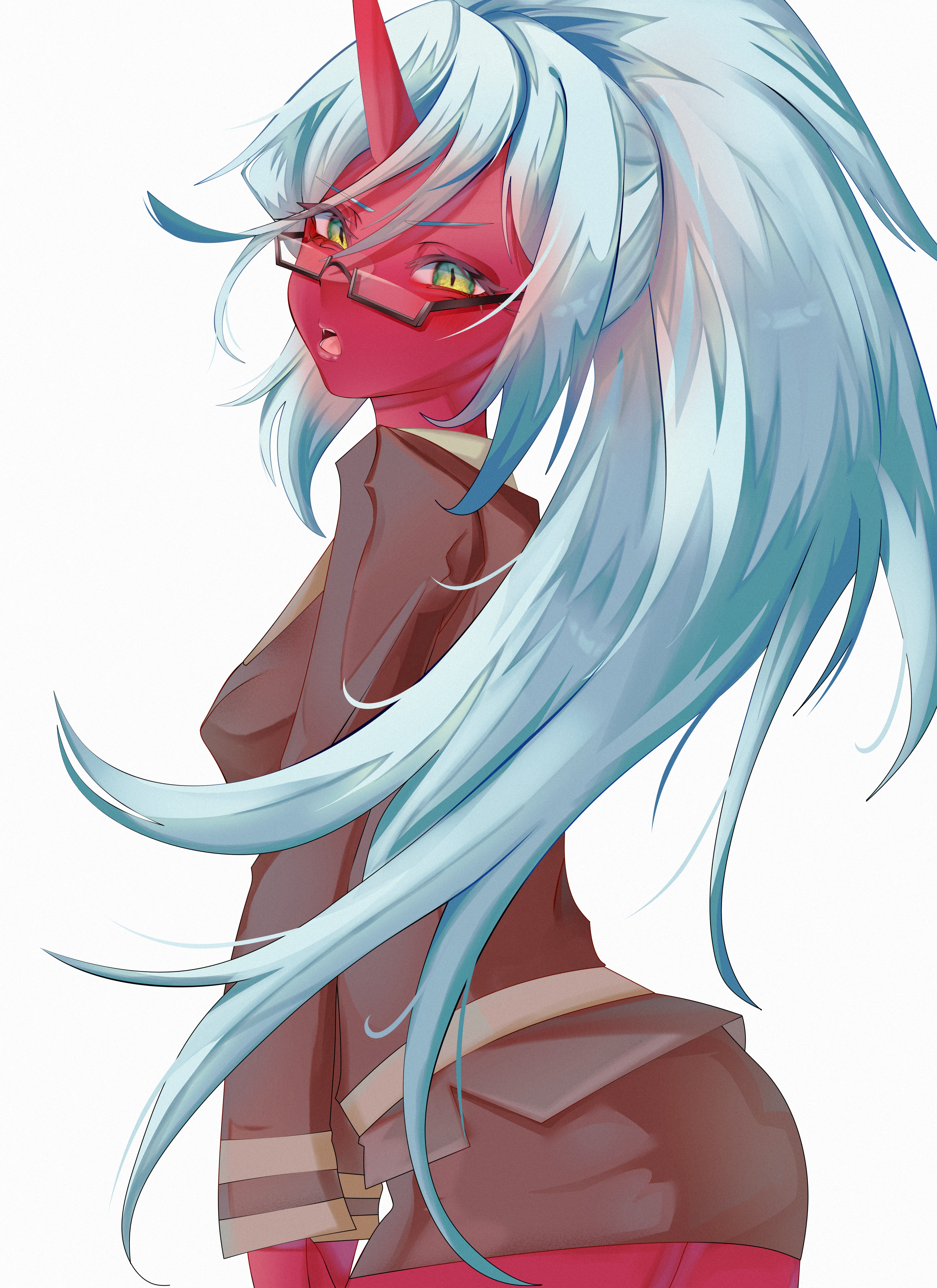 kneesocks (psg), panty & stocking with garterbelt, absurdres, highres, 1girl, blue hair, colored skin, demon girl, demon horns, fangs, green eyes, horns, long hair, ponytail, red skin, solo, zyppaa