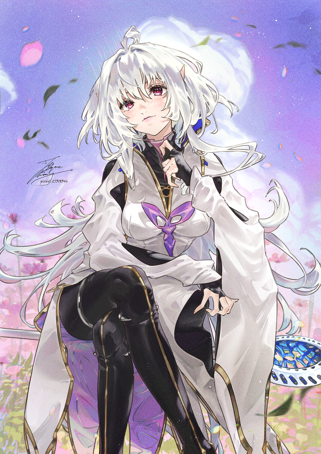 fadingz, merlin (fate/prototype), fate/grand order, fate/prototype, fate (series), highres, 1girl, ahoge, black gloves, black pants, breasts, crossed legs, fingerless gloves, gloves, long hair, long sleeves, looking at viewer, medium breasts, pants, pink eyes, pointy ears, robe, sitting, solo, staff, thighs, very long hair, white hair, white robe, wide sleeves
