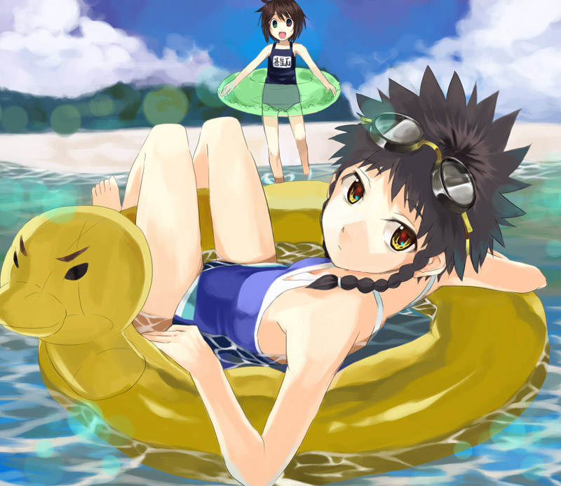 kabocha, kabocha (monkey4), tatsuki yuuta, minagi mikoto, souseiseki, my-hime, rozen maiden, 00s, 2girls, :d, afloat, barefoot, beach, braid, competition swimsuit, day, flat chest, goggles, goggles on head, heterochromia, innertube, legs up, lens flare, looking at viewer, looking back, lying, multiple girls, on back, one-piece swimsuit, open mouth, outdoors, partially submerged, school swimsuit, smile, soaking feet, swim ring, swimsuit, wading, water