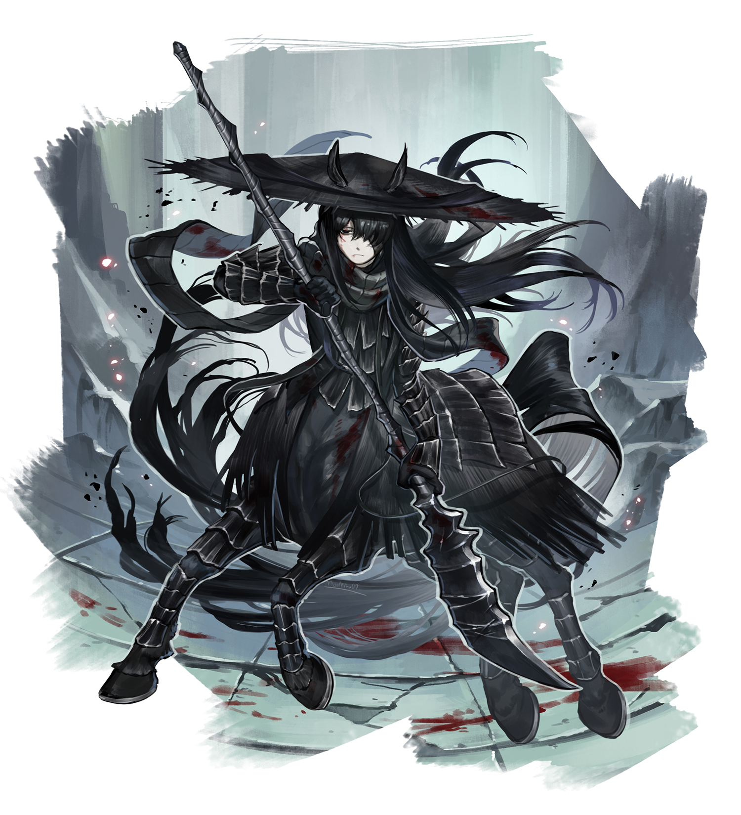 ukai (negi wolf), yi sang (project moon), limbus company, project moon, highres, animal ears, armor, barding, black eyes, black hair, centaur, grey background, hat, holding, holding polearm, holding weapon, hooves, horse ears, japanese armor, long hair, polearm, straw hat, taur, weapon