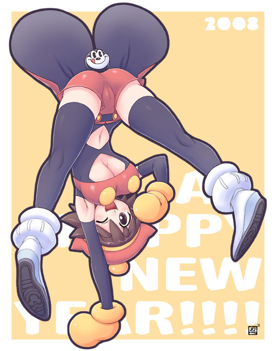 kenix, mickey mouse, disney, mickey mouse & friends, original, 1girl, breasts, brown eyes, brown hair, cameltoe, cosplay, female focus, handstand, huge breasts, medium hair, new year, one arm handstand, one eye closed, smile, solo, spread legs, thighhighs, underboob