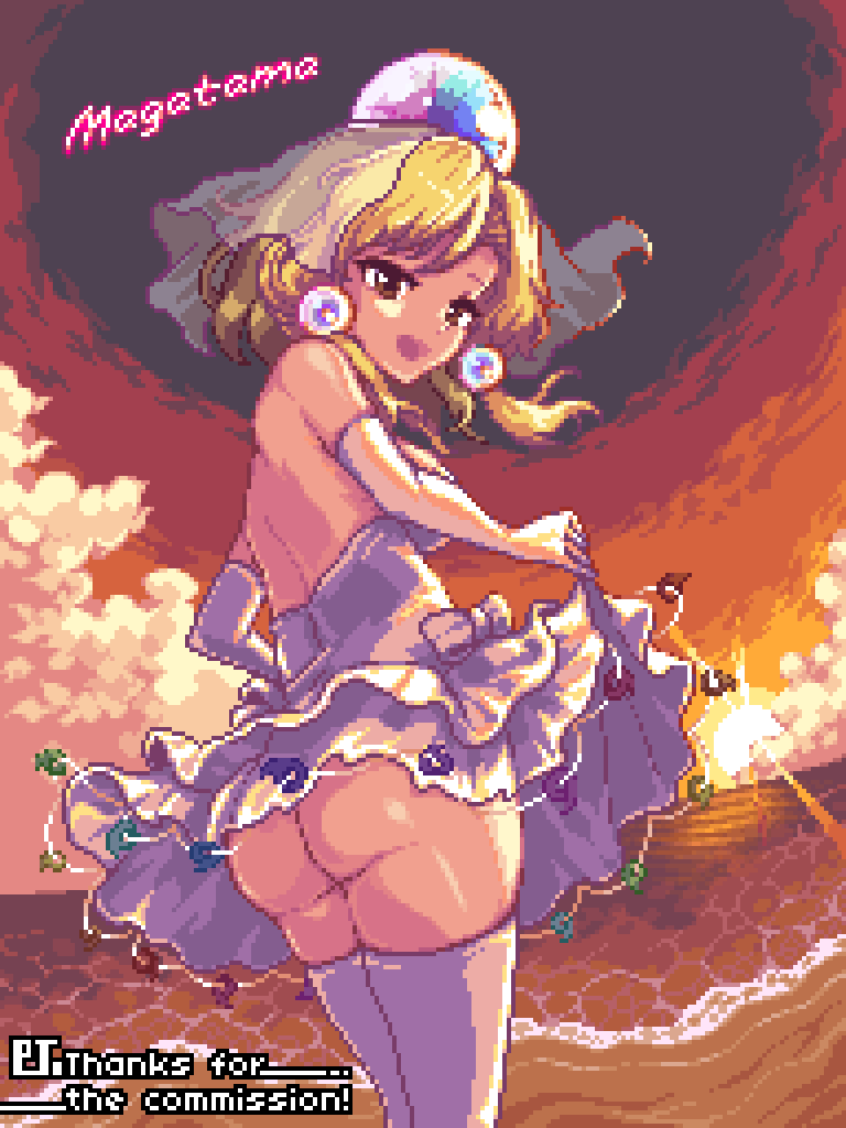 greenapple (g apple0511), tamatsukuri misumaru, touhou, unconnected marketeers, 1girl, ass, back, blonde hair, breasts, brown eyes, dress, earrings, gloves, jewelry, looking at viewer, magatama, median furrow, orb, pixel art, short hair, sidelocks, small breasts, smile, solo, sphere earrings, thighhighs, veil, white dress, white gloves, white thighhighs