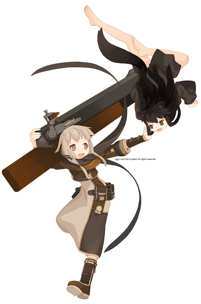 ran system, 1girl, animal ears, barefoot, black hair, cat ears, feet, female focus, gun, long hair, soles, solo, weapon