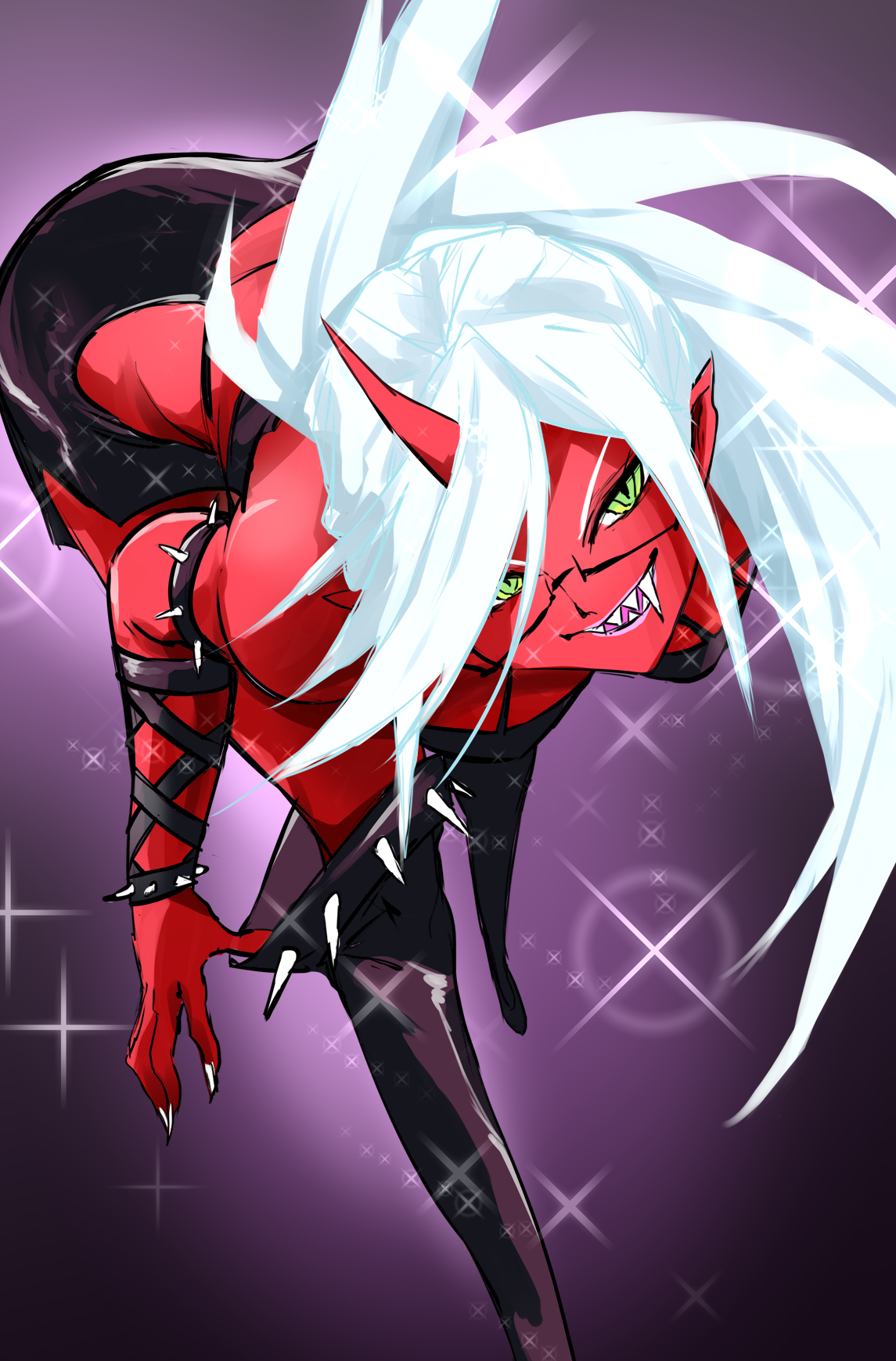 shikitsuki, kneesocks (psg), panty & stocking with garterbelt, highres, 1girl, blue hair, boots, colored skin, demon girl, demon horns, fangs, green eyes, horns, latex, latex bikini, latex boots, long hair, pointy ears, ponytail, red skin, solo