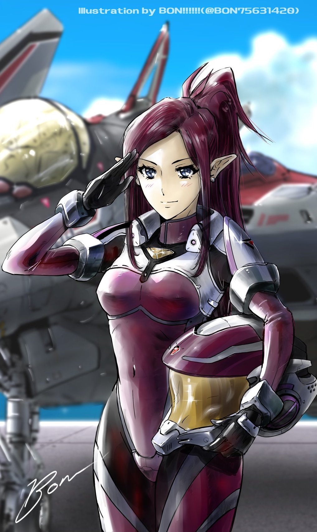 bon!!!!!!, mirage farina jenius, macross, macross delta, macross delta: zettai live!!!!!!, derivative work, highres, 1girl, blue eyes, blurry, blurry background, canopy (aircraft), cloud, cloudy sky, earrings, english text, helmet, holding, holding unworn helmet, jewelry, landing gear, mecha pilot suit, pointy ears, purple hair, salute, science fiction, signature, sky, unworn headwear, unworn helmet, variable fighter, vf-31ax