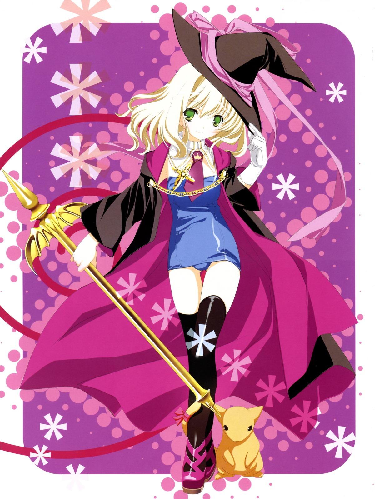 miyashita miki, highres, jpeg artifacts, 1girl, animal, blonde hair, cape, female focus, green eyes, hair ribbon, halloween, hat, long hair, magical girl, mahoushoujo, ribbon, solo, thighhighs, witch hat
