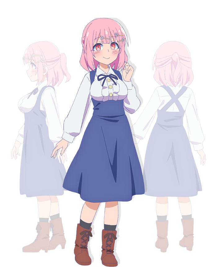 okano rikiya, game center shoujo to ibunka kouryuu, official art, 3girls, anime coloring, back, black socks, blue ribbon, blue skirt, blush, boots, breasts, brown boots, clenched hand, closed mouth, collared shirt, from behind, from side, full body, hair ornament, hairclip, half updo, hand up, high-waist skirt, large breasts, long sleeves, looking at viewer, mochizuki momoko, multiple girls, multiple hair clips, multiple views, ribbon, shirt, sidelocks, simple background, skirt, smile, socks, standing, transparent background, white shirt