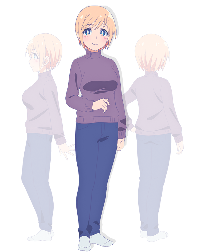 okano rikiya, game center shoujo to ibunka kouryuu, official art, 3girls, anime coloring, back, blonde hair, blue eyes, blue pants, blush, bob cut, breasts, closed mouth, from behind, from side, full body, large breasts, long sleeves, looking at viewer, mature female, multiple girls, multiple views, pants, purple sweater, sheryl baker, short hair, simple background, smile, socks, standing, sweater, tareme, transparent background, turtleneck, turtleneck sweater, white socks