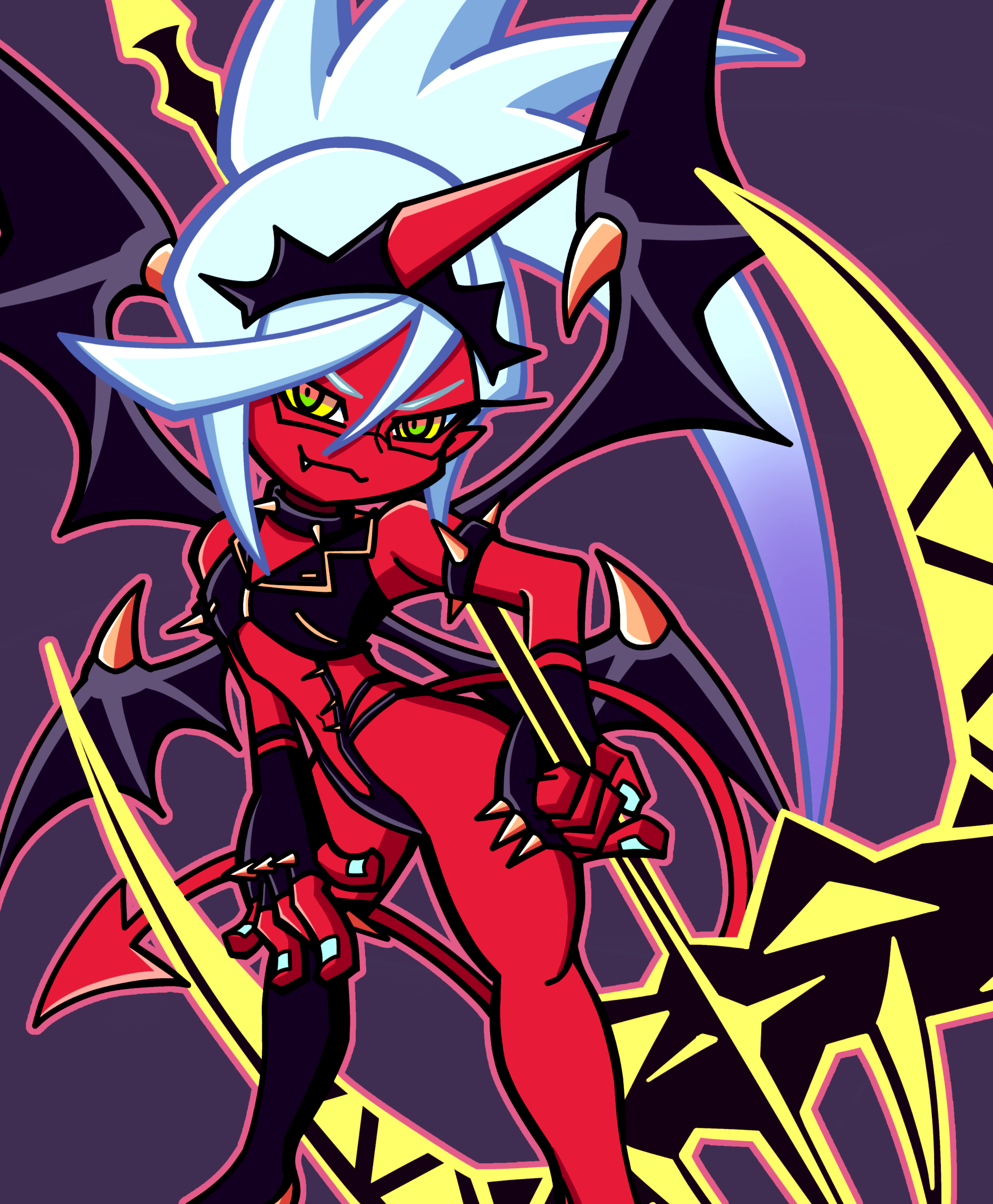 unihead207215, kneesocks (psg), panty & stocking with garterbelt, absurdres, highres, 1girl, bat wings, blue hair, colored skin, demon girl, demon horns, fangs, green eyes, horns, latex, latex bikini, long hair, ponytail, red skin, solo, wings