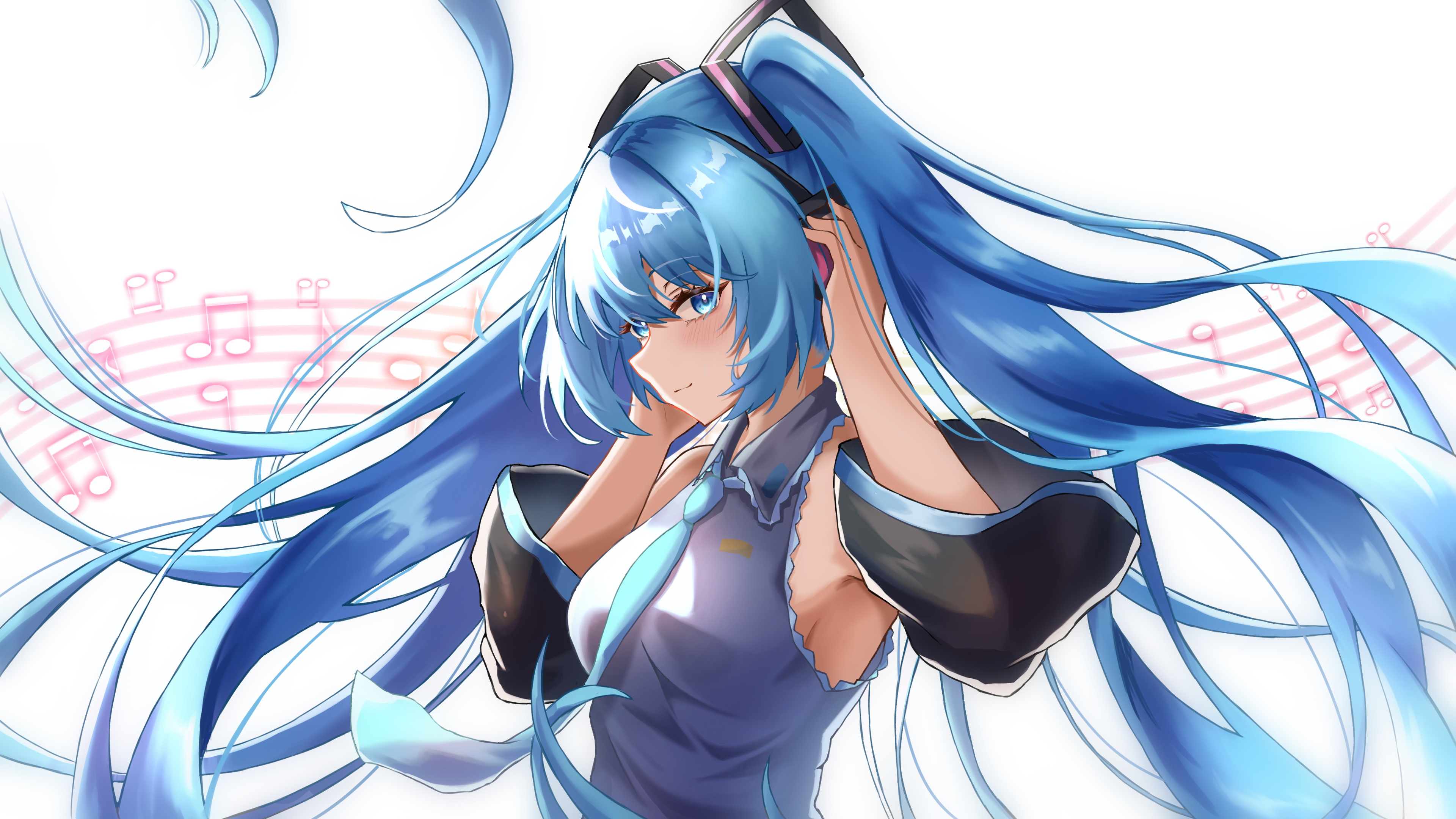 hatsune miku, vocaloid, absurdres, highres, 1girl, aqua necktie, blue eyes, blue hair, blush, breasts, closed mouth, collared shirt, detached sleeves, grey shirt, hair between eyes, hair ornament, long hair, long sleeves, looking at viewer, looking to the side, mako (cvyt5325), medium breasts, musical note, musical staff, necktie, shirt, sideboob, simple background, sleeveless, sleeveless shirt, solo, twintails, very long hair, white background, wide sleeves