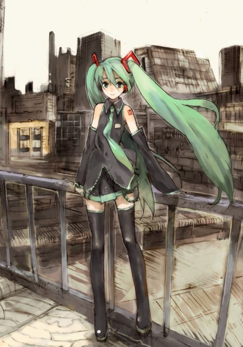 humi, toi8, hatsune miku, vocaloid, 1girl, city, detached sleeves, female focus, green hair, long hair, necktie, railing, ribbon, solo, standing, thighhighs, twintails, very long hair, wind, zettai ryouiki