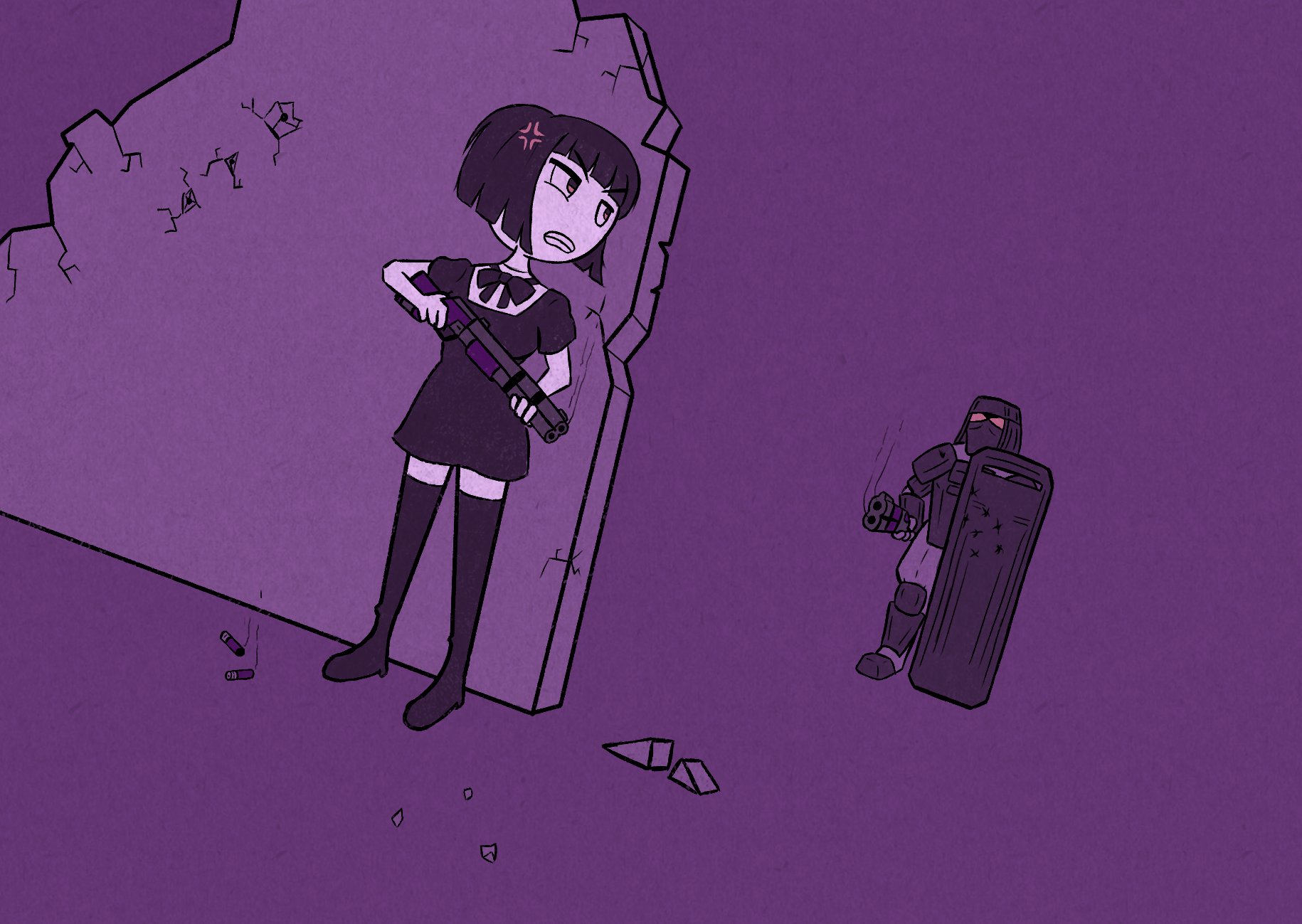 trooper (the citadel), beyond citadel, original, the citadel, wall, anger vein, armor, black hair, black necktie, body armor, boots, gun, hiding, lever-action rifle, lever action, necktie, shield, short hair, weapon
