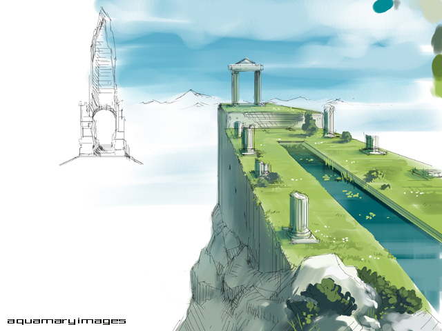 aquamary, original, unfinished, architecture, cliff, cloud, day, fantasy, grass, greco-roman architecture, landscape, lily pad, no humans, pillar, ruins, scenery, sky, temple, water