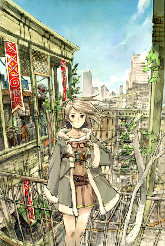 humi, toi8, original, 1girl, brown hair, city, cityscape, day, glasses, holding, holding removed eyewear, railing, scenery, sky, solo focus, tree, unworn eyewear