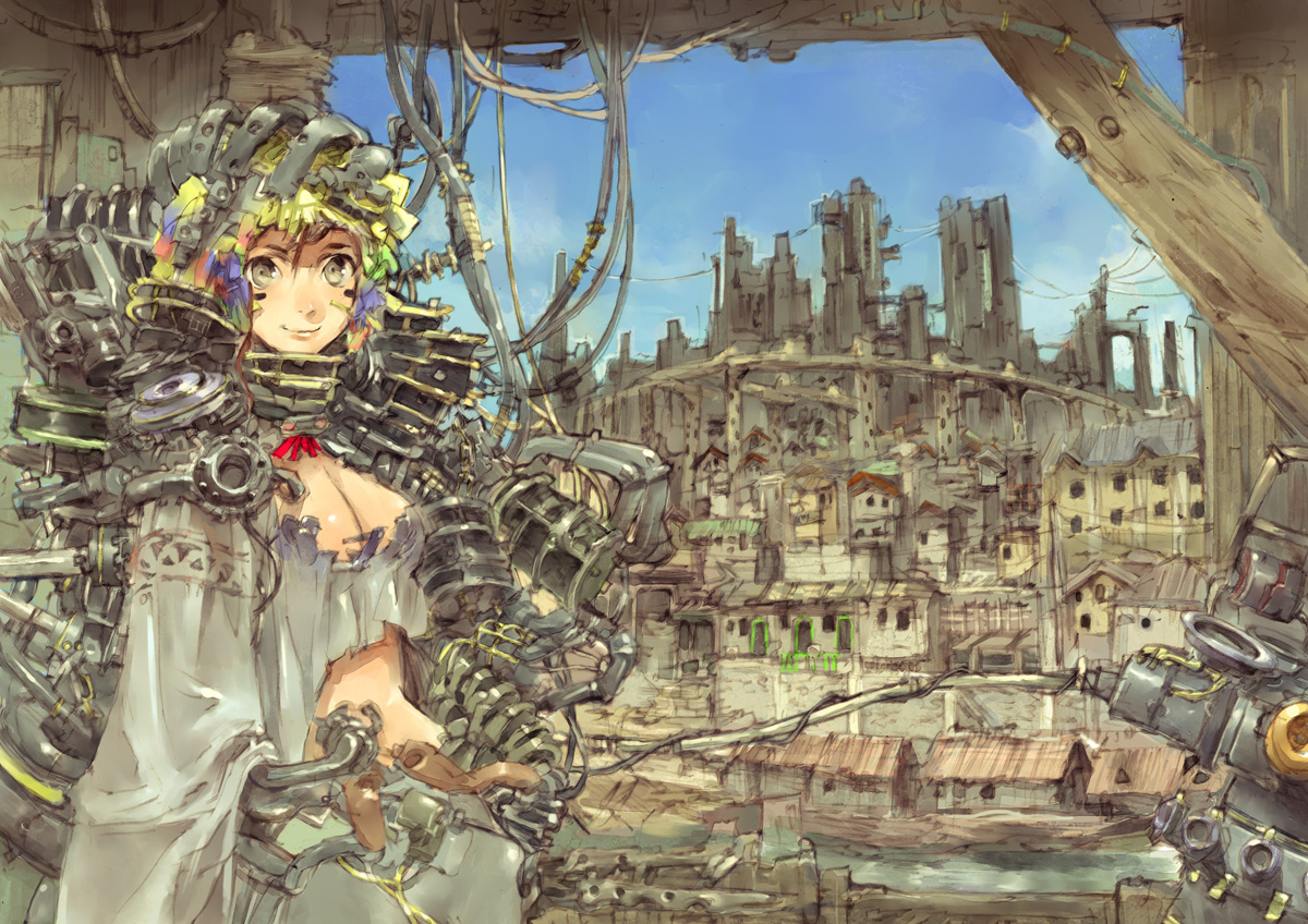 humi, toi8, original, 1girl, breasts, cable, city, cleavage, female focus, large breasts, machine, midriff, river, sky, solo