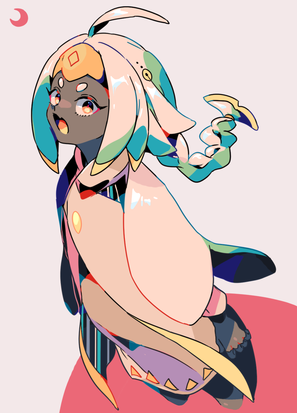 mizuki tsukimori, sky: children of the light, character request, commentary request, highres, 1girl, ahoge, arms at sides, braid, colored skin, fang, full body, grey skin, long hair, long sleeves, looking at viewer, open mouth, skin fang, solo, two-tone background, very long hair, yellow eyes