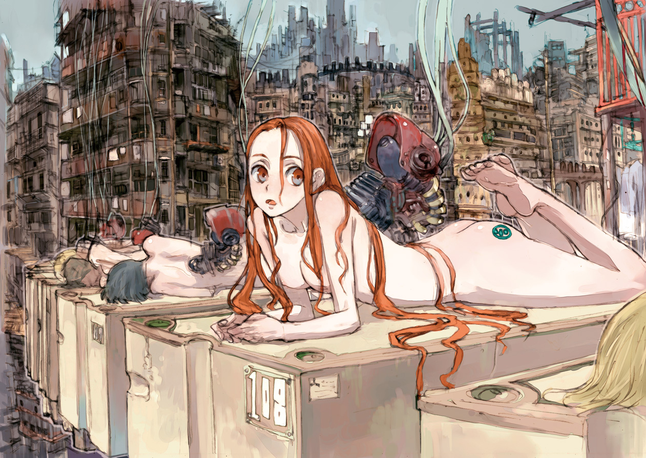 humi, toi8, original, 5girls, ass, barefoot, breasts, brown eyes, brown hair, cable, city, cityscape, feet, hair spread out, long hair, mecha, multiple girls, nipples, nude, red eyes, red hair, robot, ruins, soles, solo focus, very long hair, wire