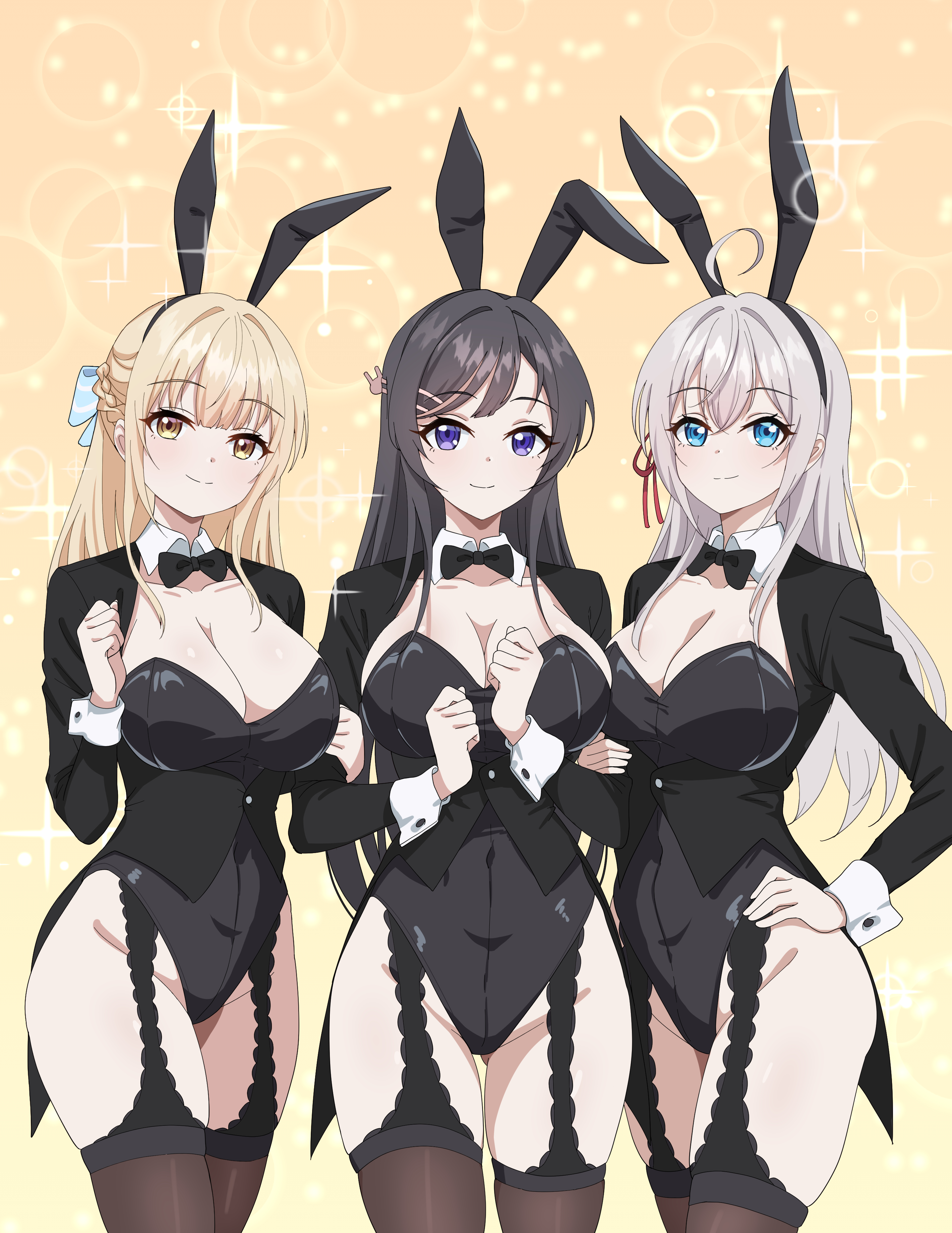 4ddd, alisa mikhailovna kujou, sakurajima mai, shiina mahiru (otonari no tenshi-sama), otonari no tenshi-sama ni itsu no mani ka dame ningen ni sarete ita ken, seishun buta yarou, tokidoki bosotto roshia-go de dereru tonari no alya-san, absurdres, commission, highres, pixiv commission, 3girls, ahoge, animal ears, black bow, black bowtie, black hair, black leotard, blonde hair, blue eyes, blush, bow, bowtie, breasts, brown eyes, cleavage, closed mouth, collar, fake animal ears, garter belt, gluteal fold, groin, hair between eyes, hair ornament, hairclip, hand on own hip, large breasts, leotard, long hair, looking at viewer, medium hair, multiple girls, playboy bunny, purple eyes, rabbit ears, shrug (clothing), smile, white collar, white hair