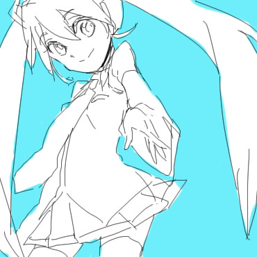 hagiko, hatsune miku, vocaloid, bad id, bad pixiv id, lowres, 1girl, aqua background, female focus, long hair, microphone, monochrome, necktie, oekaki, skirt, solo, thighhighs, twintails, very long hair, zettai ryouiki