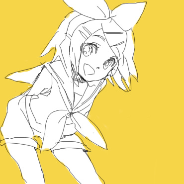 hagiko, kagamine rin, vocaloid, bad id, bad pixiv id, lowres, 1girl, female focus, monochrome, oekaki, ribbon, solo, yellow background