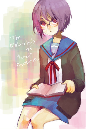 hagiko, nagato yuki, suzumiya haruhi no yuuutsu, bad id, bad pixiv id, lowres, 00s, book, glasses, open book, purple hair, reading, school uniform, serafuku, solo