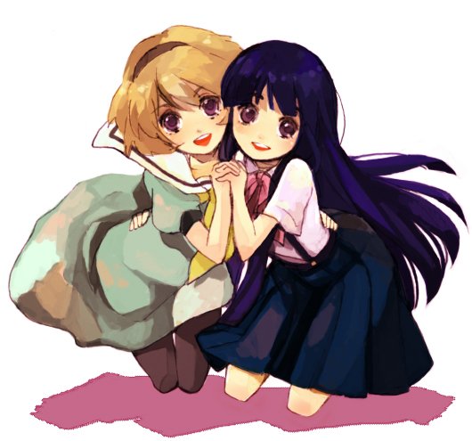 hagiko, furude rika, houjou satoko, higurashi no naku koro ni, bad id, bad pixiv id, 00s, 2girls, blonde hair, blue hair, long hair, multiple girls, pantyhose, smile
