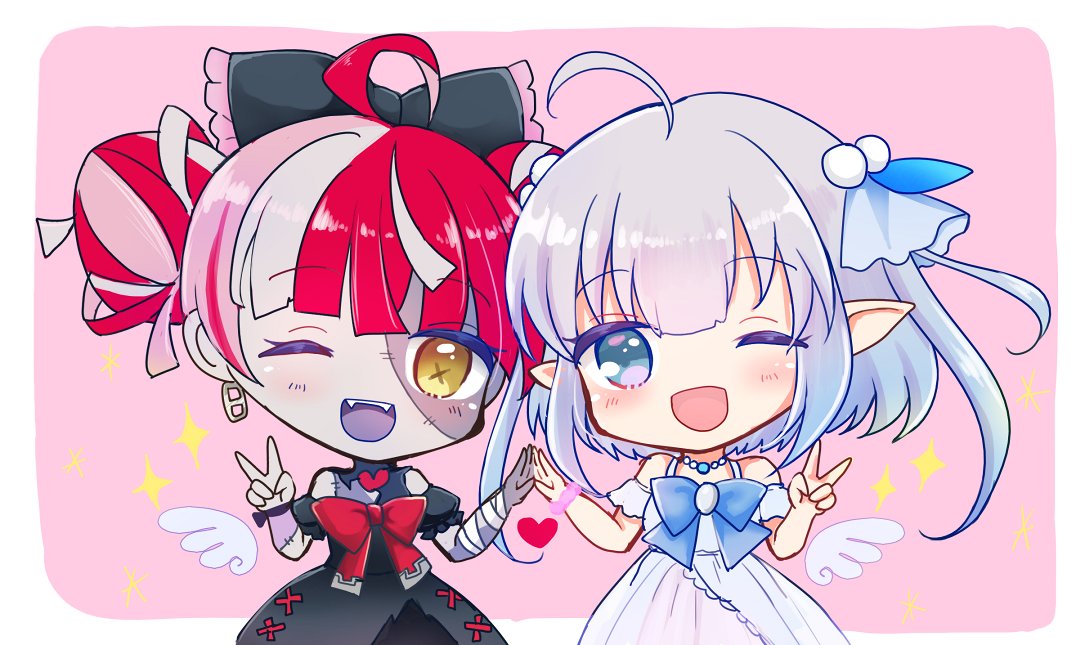 terimuku, kureiji ollie, kureiji ollie (1st costume), hololive, hololive indonesia, character request, commentary request, 2girls, ;d, ahoge, bandaged arm, bandages, black bow, black dress, blue bow, blue eyes, blue ribbon, border, bow, brown eyes, chibi, colored skin, detached collar, double bun, dress, fangs, frilled bow, frills, grey hair, grey skin, hair bow, hair bun, hair ribbon, looking at viewer, mini wings, multicolored hair, multiple girls, off-shoulder dress, off shoulder, one eye closed, open mouth, patchwork skin, pink background, pink hair, puffy short sleeves, puffy sleeves, red bow, red hair, ribbon, short sleeves, smile, sparkle, two-tone hair, two side up, v, virtual youtuber, white border, white dress, white wings, wings
