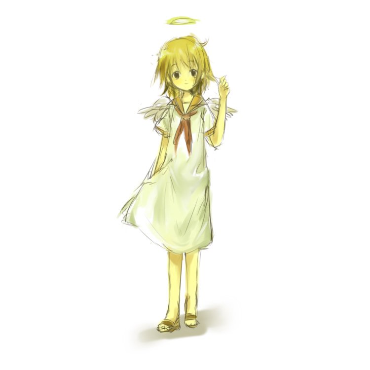 bear (artist), rakka (haibane), haibane renmei, bad id, bad pixiv id, 00s, dress, halo, sandals, school uniform, serafuku, solo, static cling, traditional halo, wings